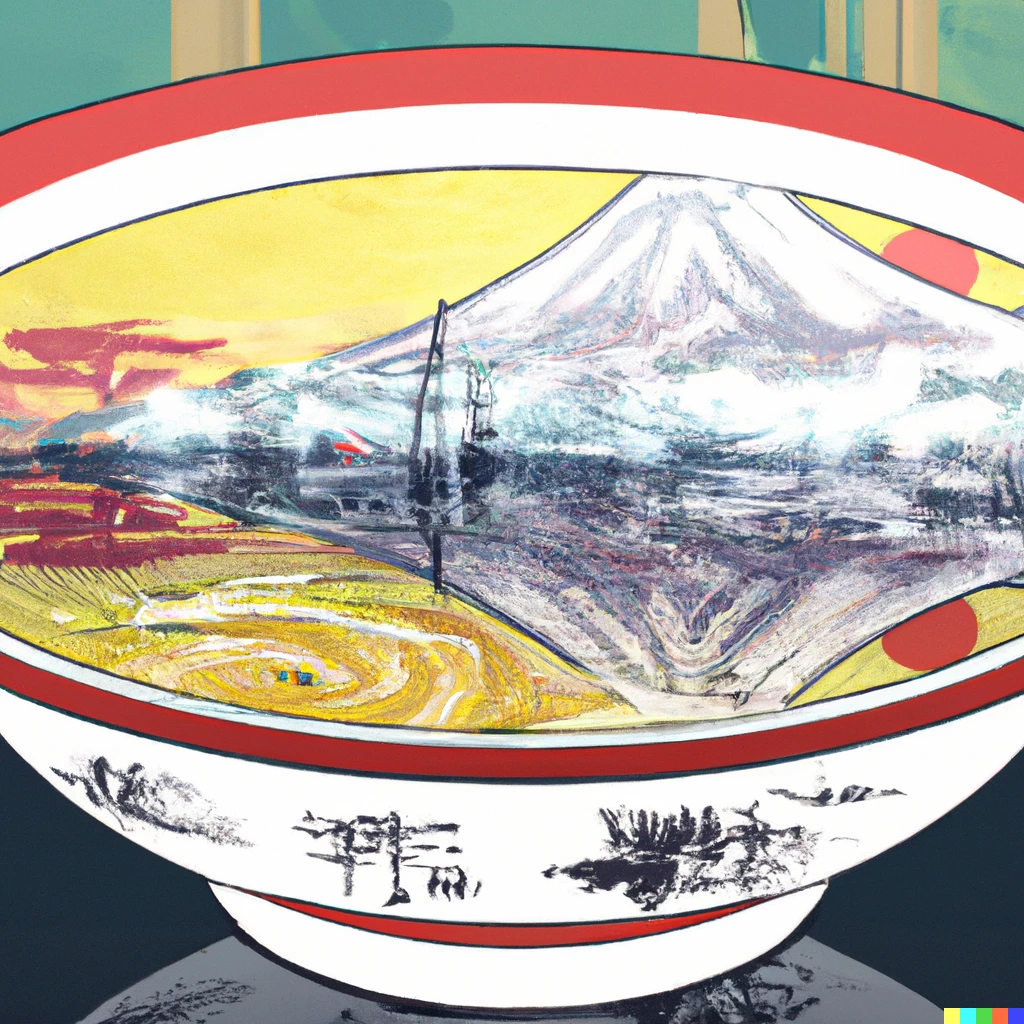 Prompt: a bowl of ramen with mount fuji and medieval japan in the reflection in Japanese anime style