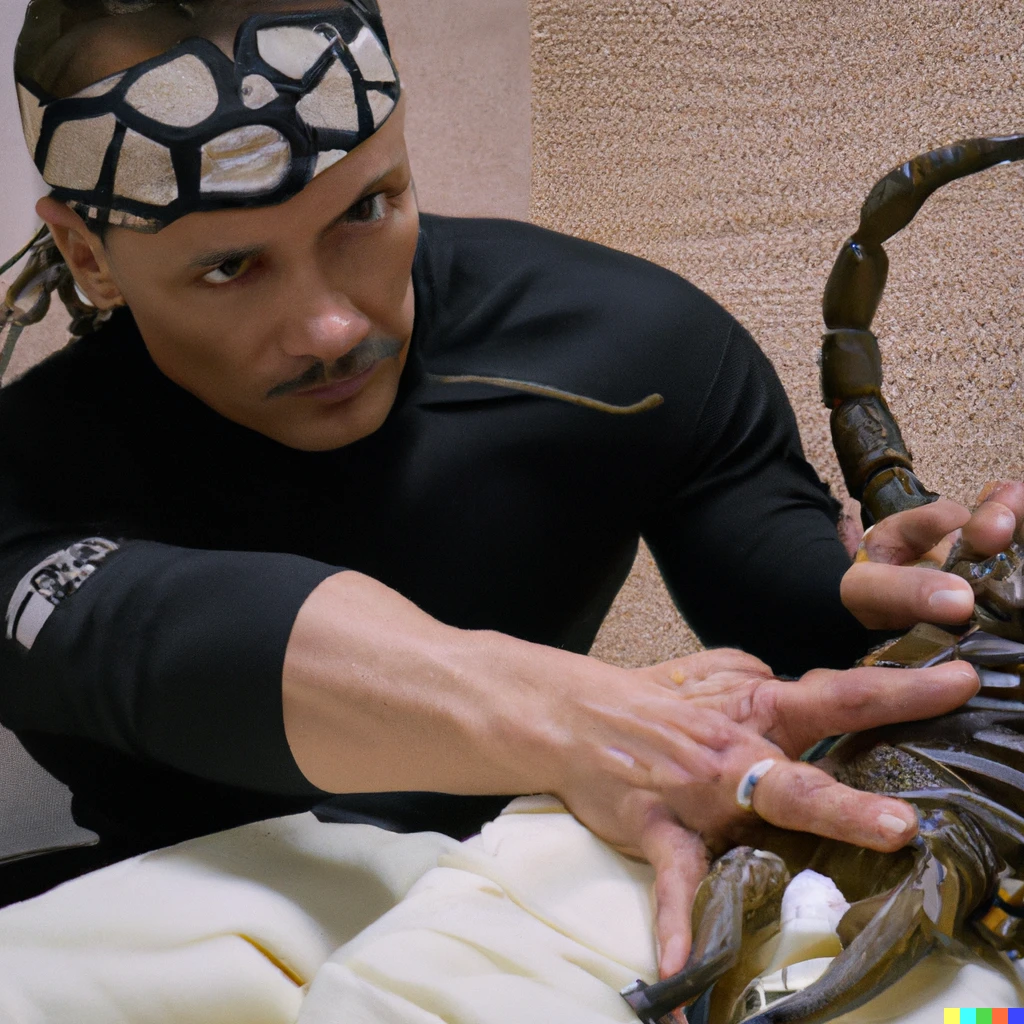 Prompt: A photo of scorpion from mortal kombat if he was a real person, working as a masseuse, Sony A7 III hyper realistic photo, 4K