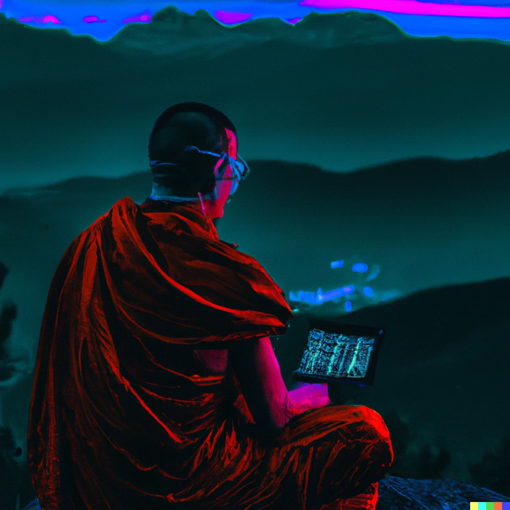 Prompt: A monk meditating on privacy enhancing technology on a mountain in Bhutan in neon cyberpunk style