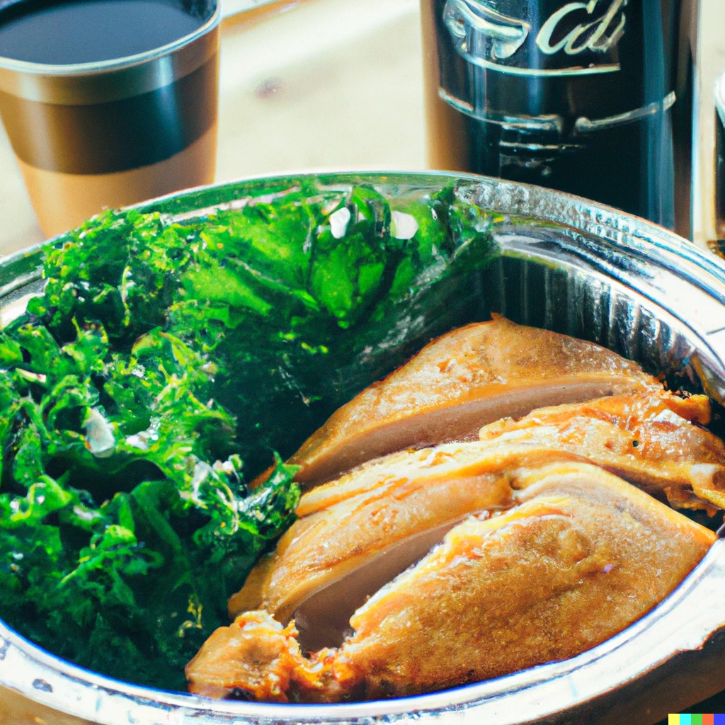 Prompt: New from Kentucky Steamed Chicken, organic breast, healthy salad and kale cola. advertising product shot. award winning 35mm