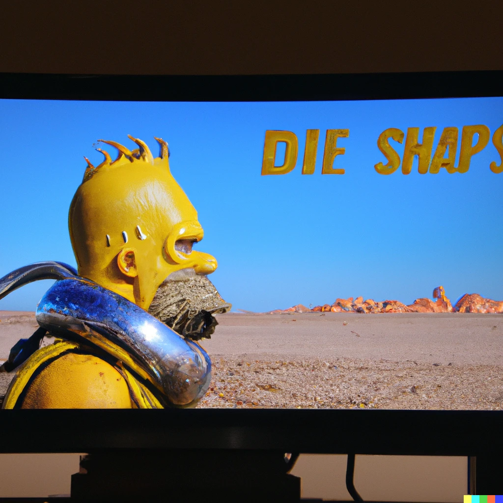 Prompt: a still of Homer Simpson in the 2015 film Mad Max: Fury Road