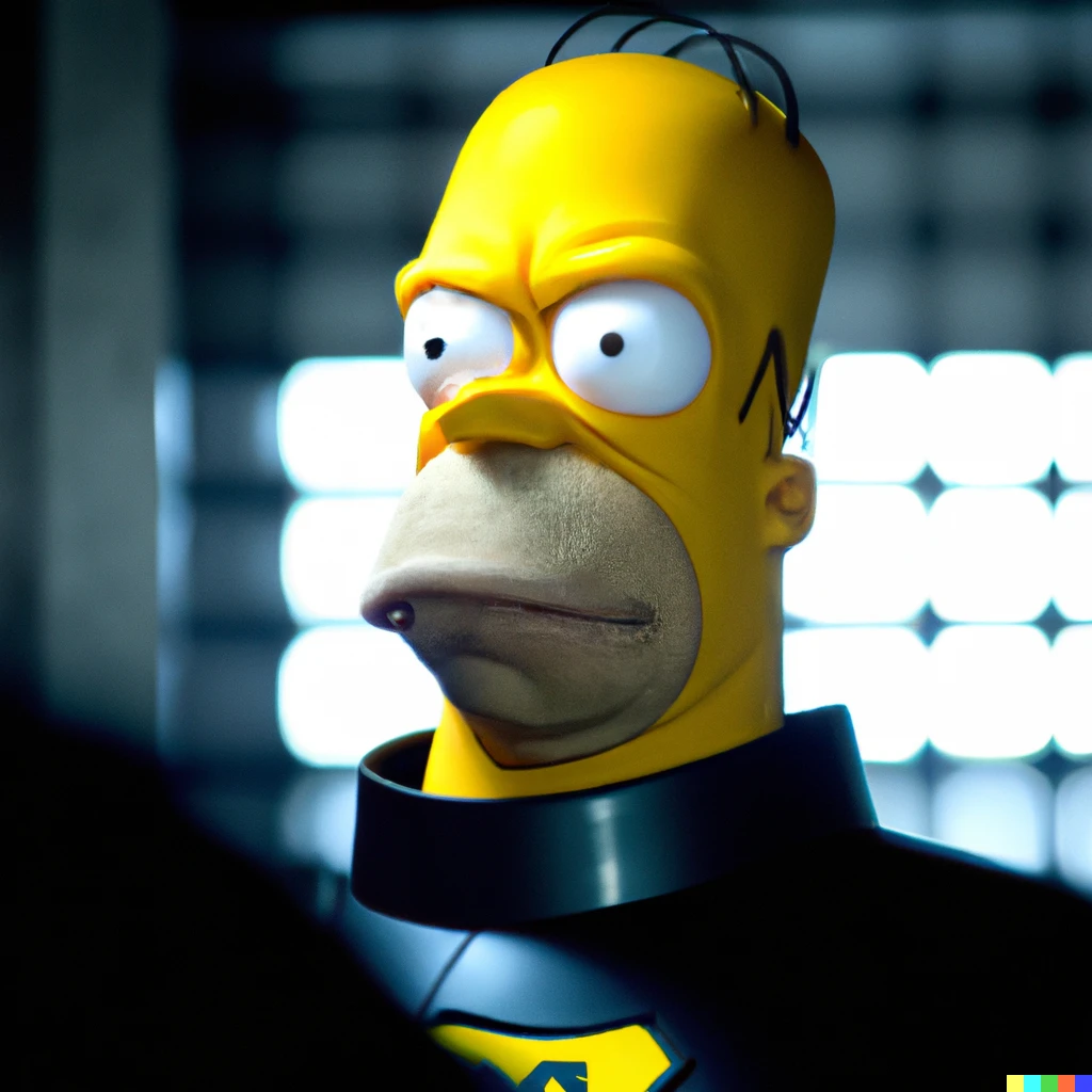 Prompt: a still of Homer Simpson in the 2008 film The Dark Knight