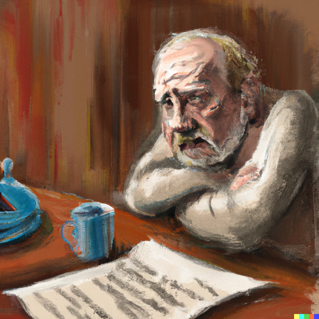 Prompt: A Rembrandt of an old man sitting at a table looking depressed because of his gas bill