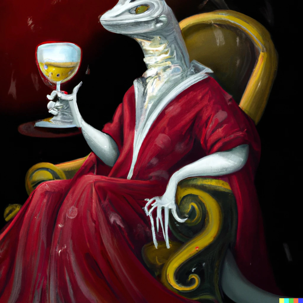 Prompt: humanoid white lizard wearing a robe, sitting on a red throne sipping wine. high quality fantasy illustration book cover