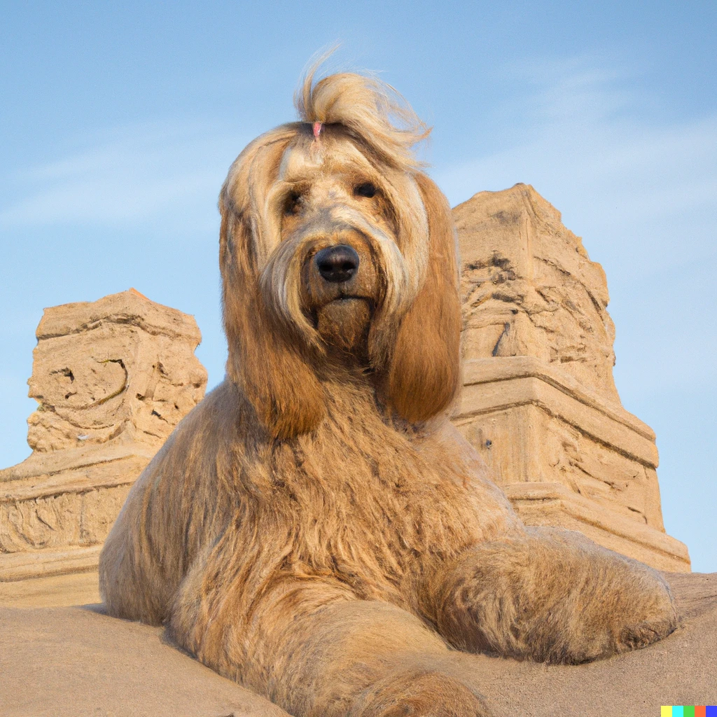 Prompt: A photo of a golden doodle as the sphinx in Cairo in ancient Egypt