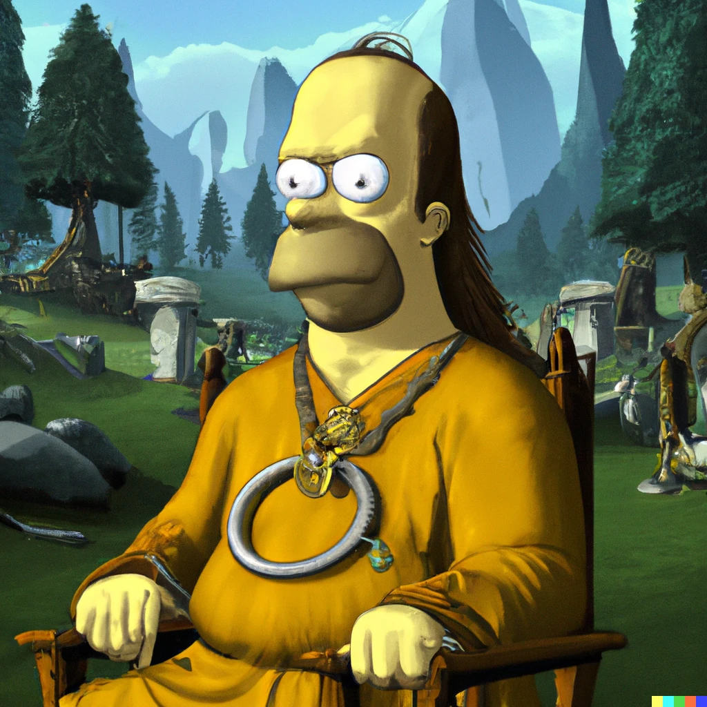 Prompt: a still of Homer Simpson in Lord of the Rings