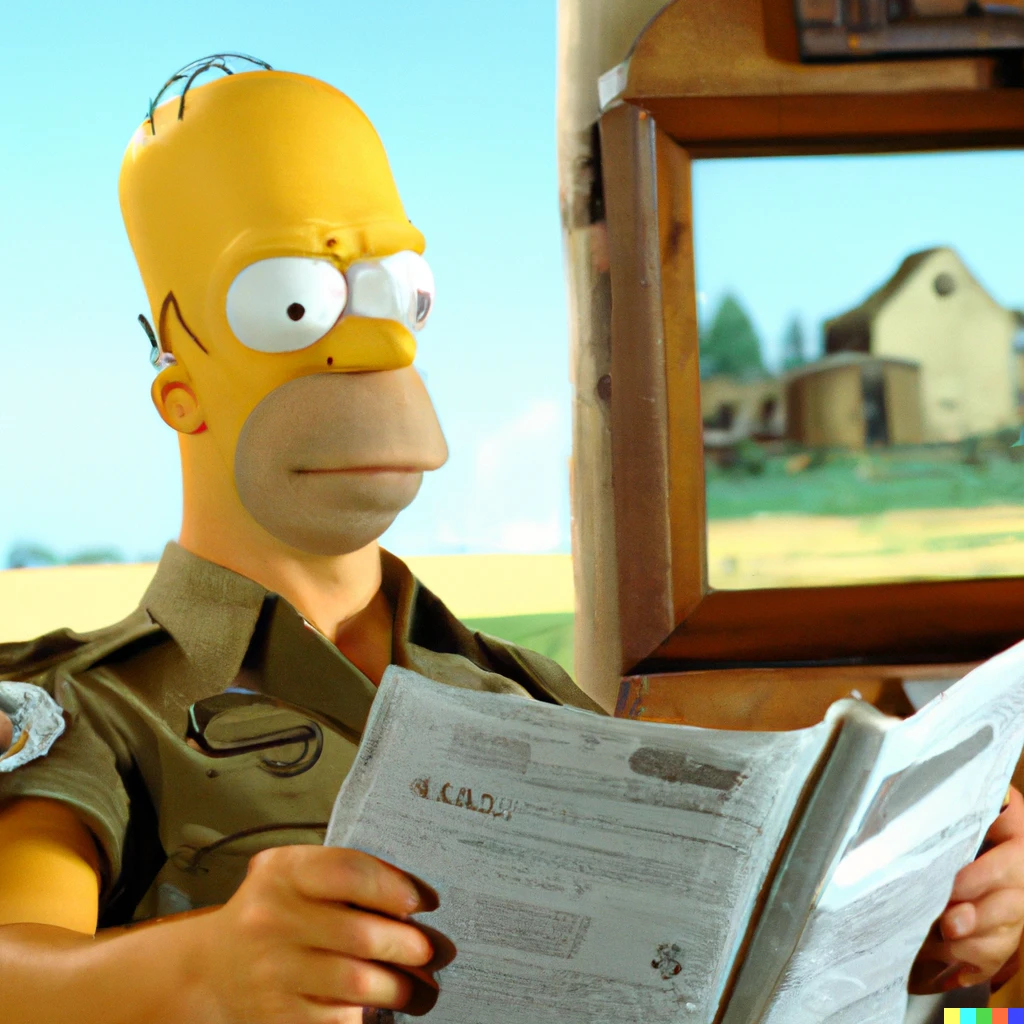 Prompt: a still of Homer Simpson in Saving Private Ryan
