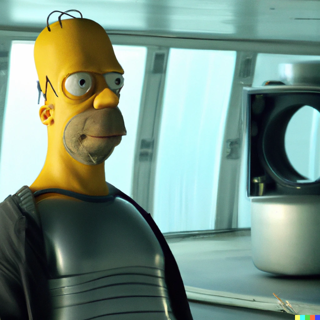 Prompt: a still of Homer Simpson in the 2014 film Ex Machina