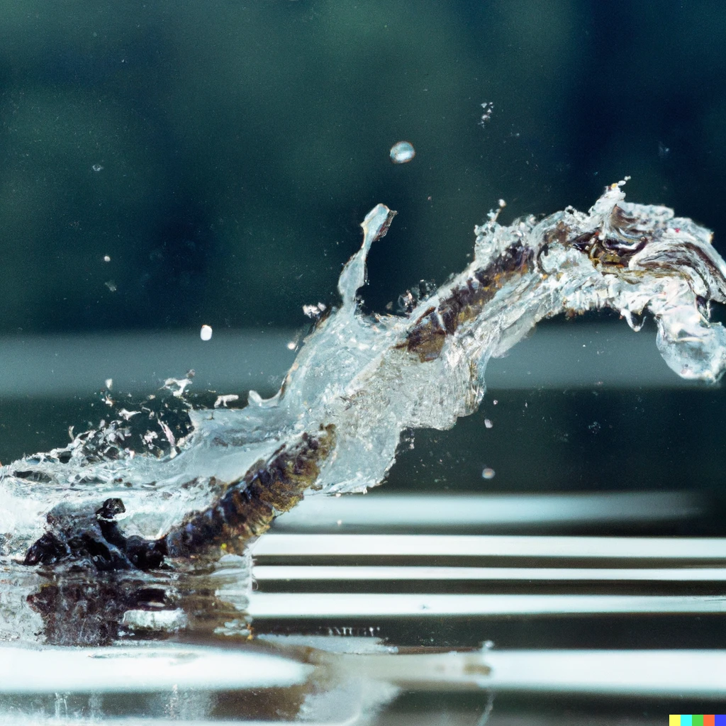 Prompt: a rare serpent dinosaur like loch ness monster breeching the glassy water. taken from a paddle boat, water droplets captured in high speed award winning photography 35mm