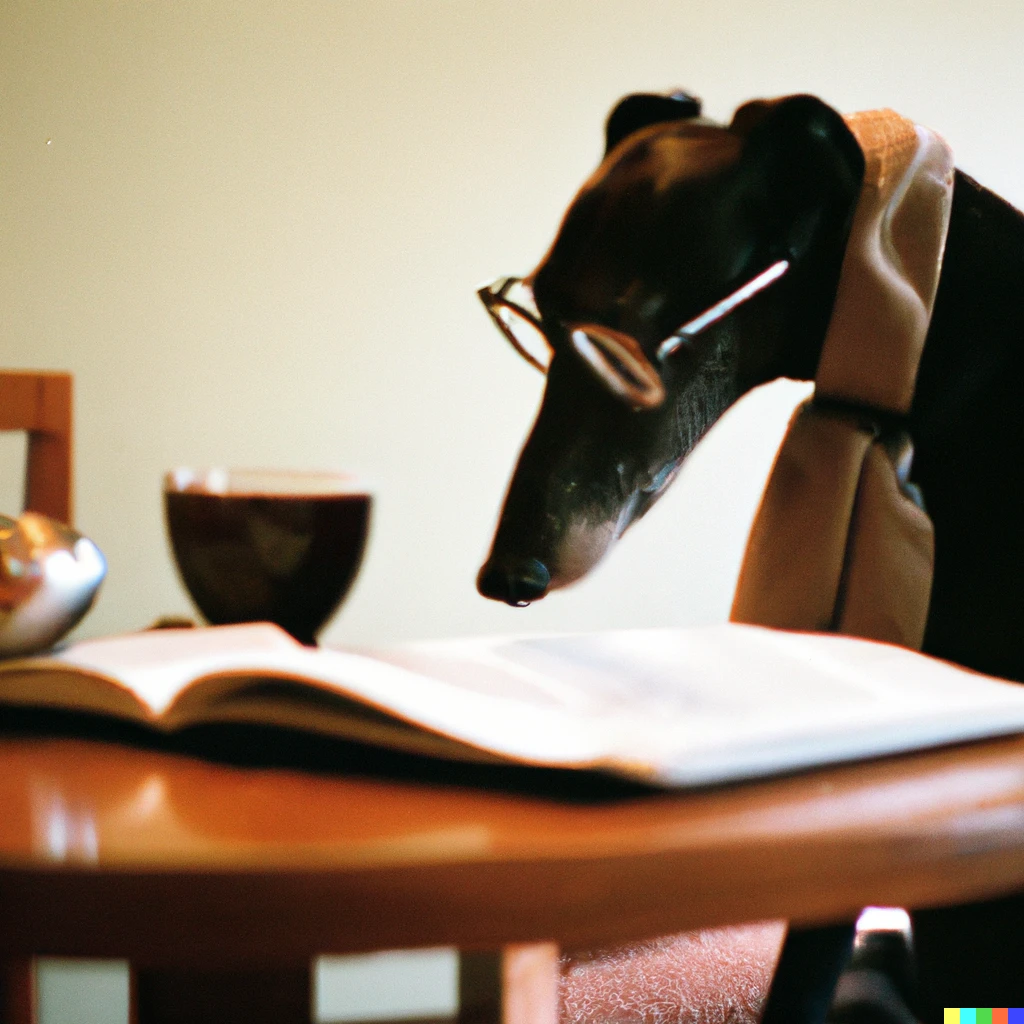 Prompt: a black greyhound with a turtle neck and black rimmed glasses sitting at a table reading a book while sipping a coffee. Award winning photography 35mm