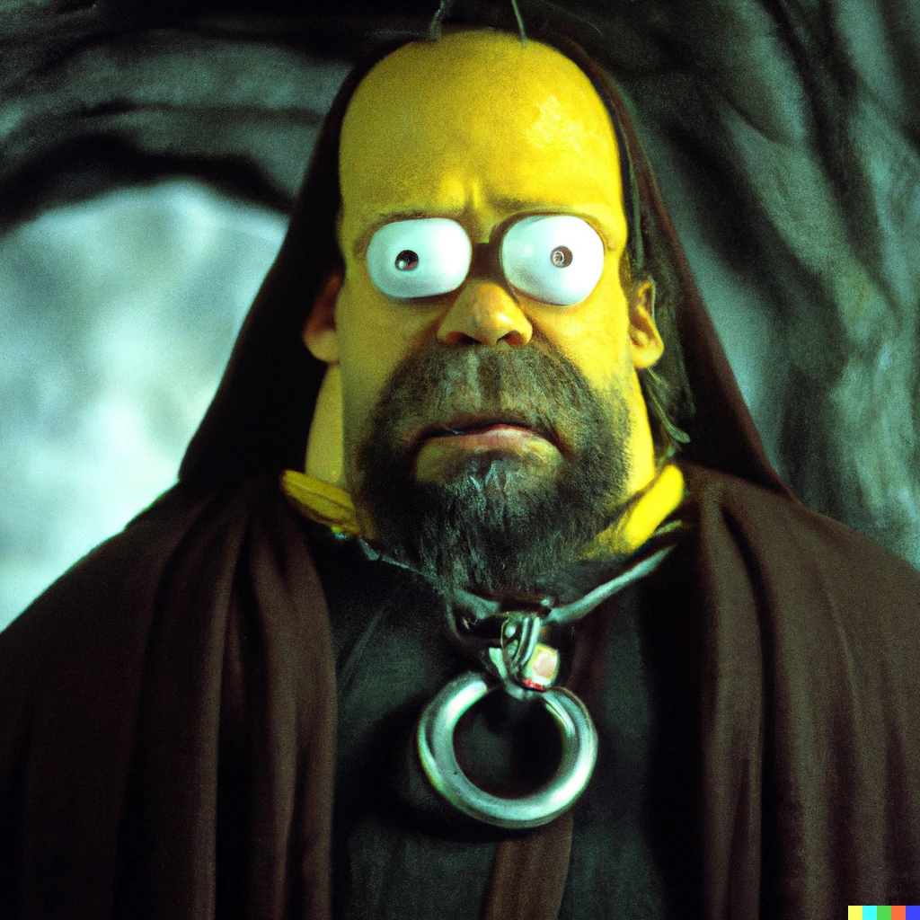 Prompt: a still of Homer Simpson in the 2001 film The Lord of the Rings: The Fellowship of the Ring