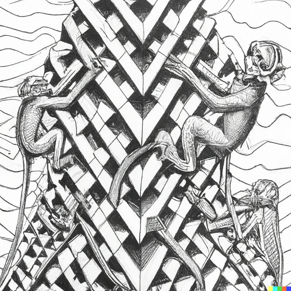 Prompt: a black and white pencil drawing of black and white tessellating monkeys climbing up and down the outside of a pyramid in the style of MC Escher Sky And Water