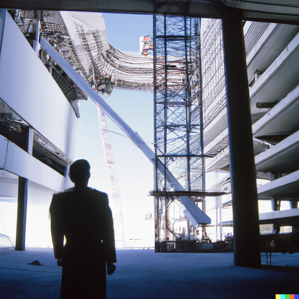 Prompt: an architect watching construction of a space elevator. Award winning photo. 35mm