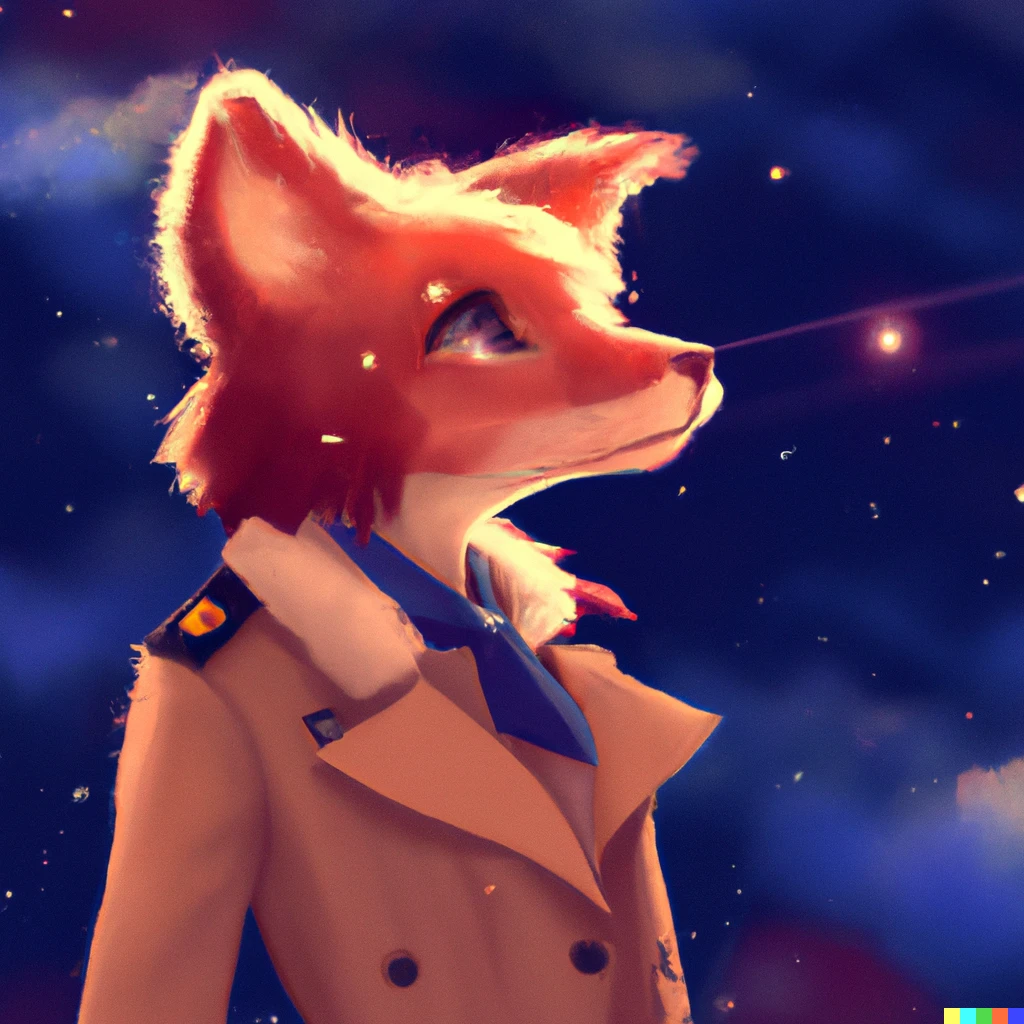 Prompt: Cute anime style art of anthro fursona female adult red fox character wearing a trench coat gazing at a beautiful nebular in space, digital art
