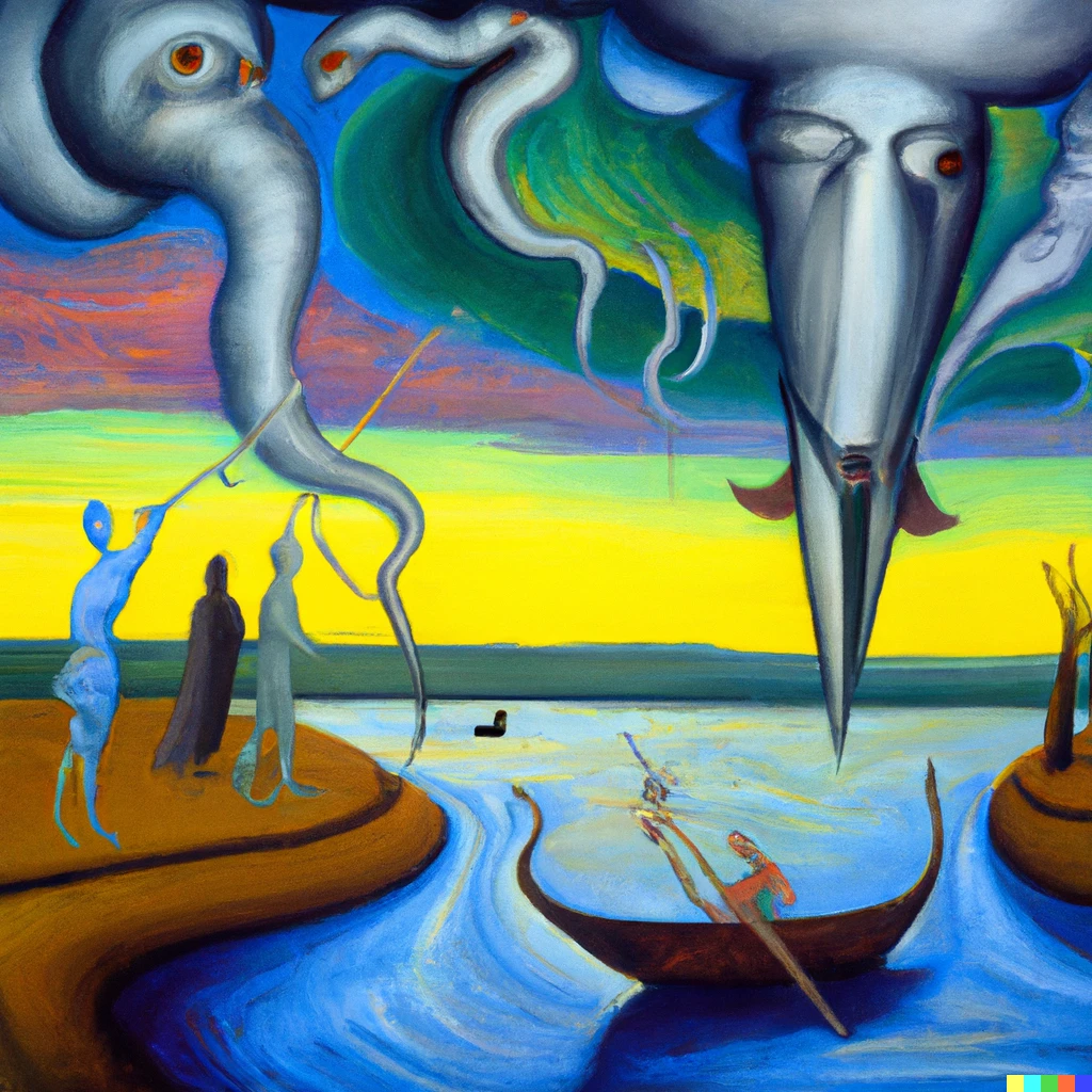 Prompt: Salavador Dali's painting of Picasso painting rainclouds while on a boat crossing the river Styx toward the gates of Hades