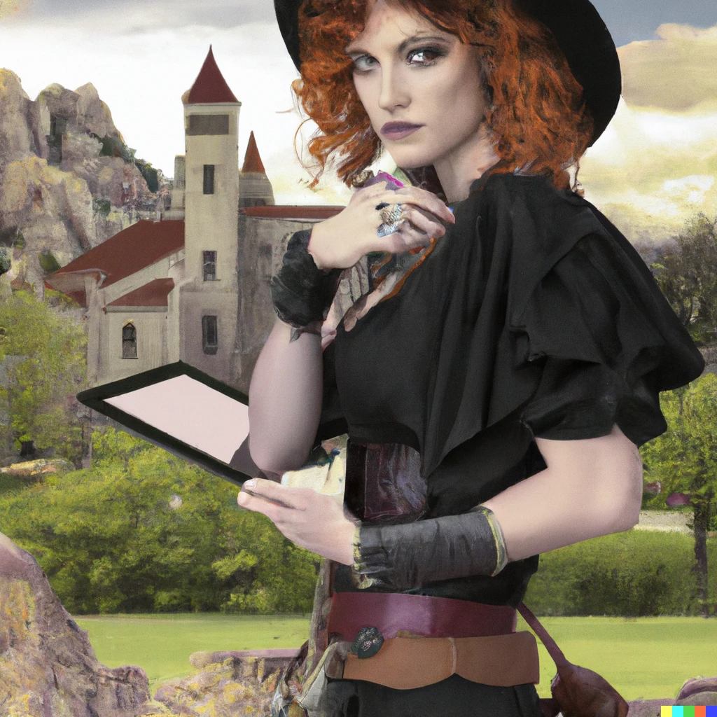 Prompt: A beautiful woman with red hair, wearing a cowboy hat and old west cloths. She is holding an iPad. There is a castle in the distance. Digital art.