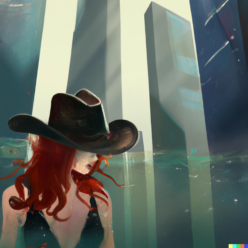 Prompt: A red headed cowgirl observes submerged skyscrapers. Digital Art.