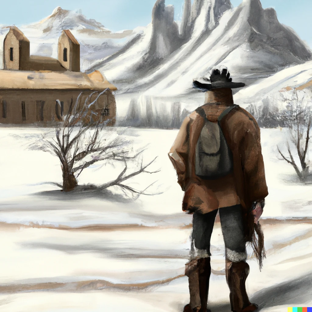 Prompt: A cowboy observes a monastary in a snowy mountain pass. Digital Art.