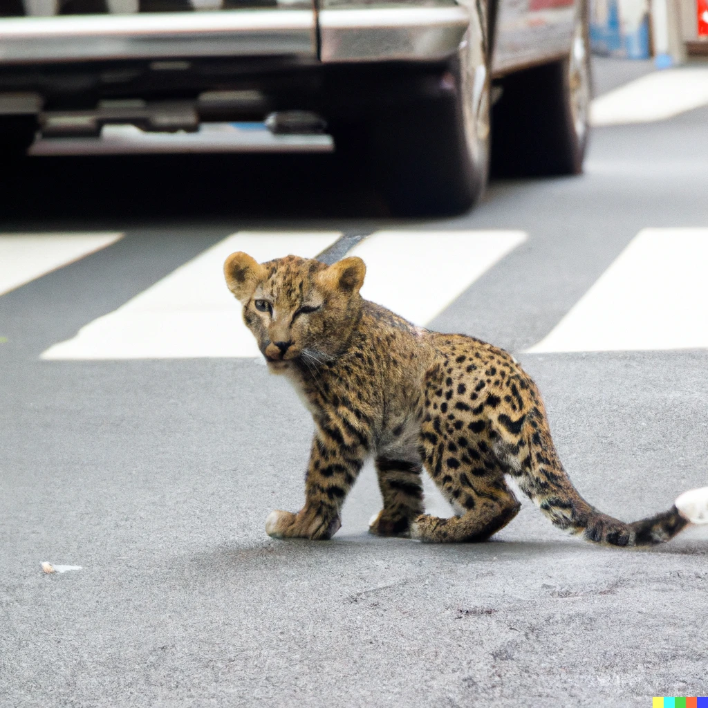 Prompt: A lost leopard cub navigating busy traffic of streets in Tokyo 