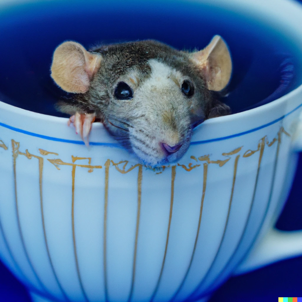 Prompt: hi resolution photography of a blue rat swiming in a cup of english tea