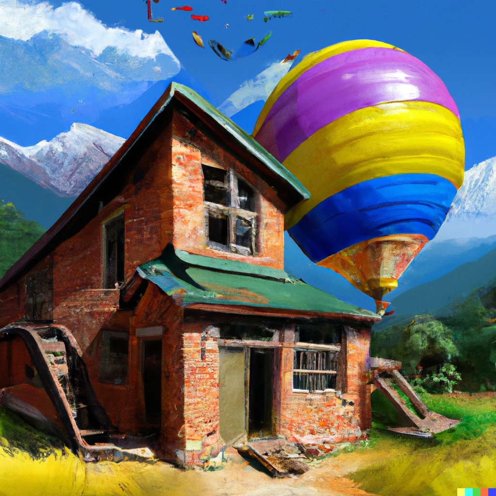 Prompt: A 3D oil painting of an UP movie balloon house in Nepal