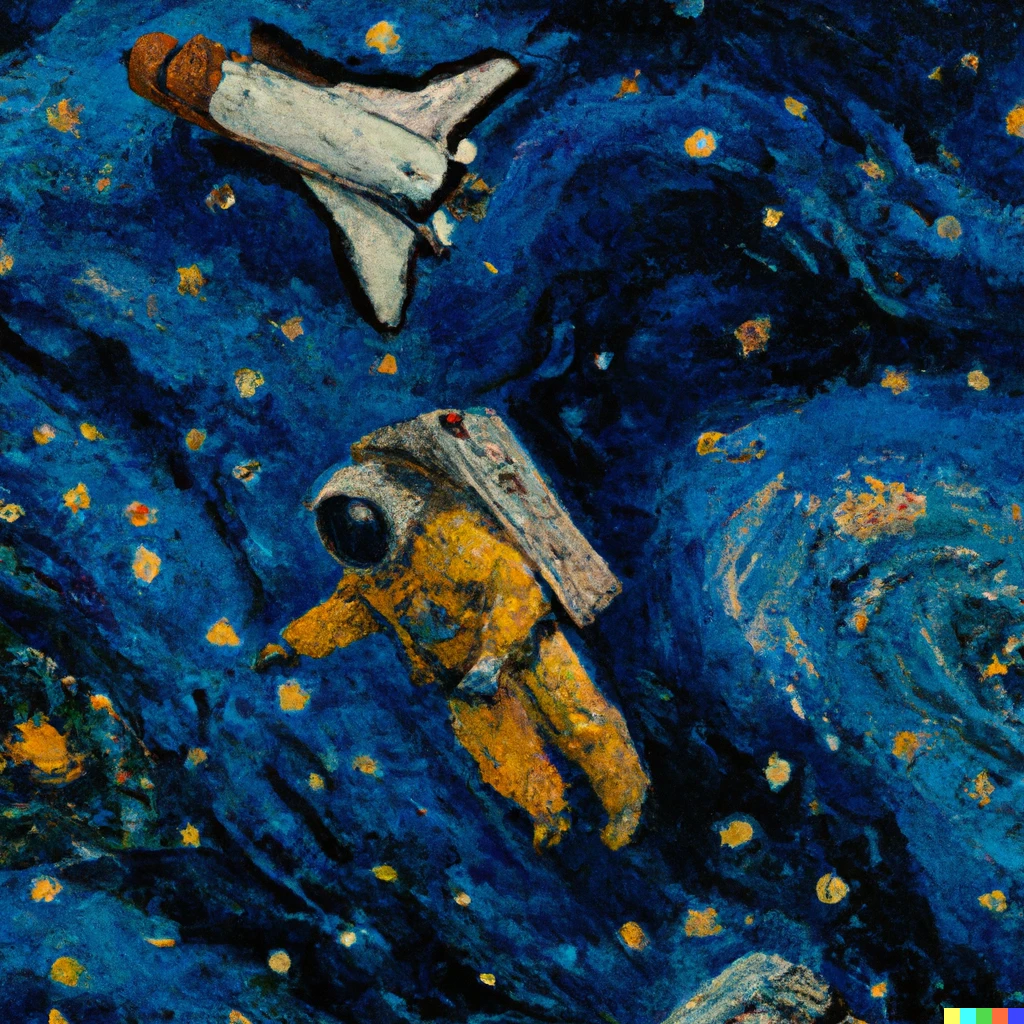Prompt: van gogh starry night with astronaut and space shuttle floating together | 590