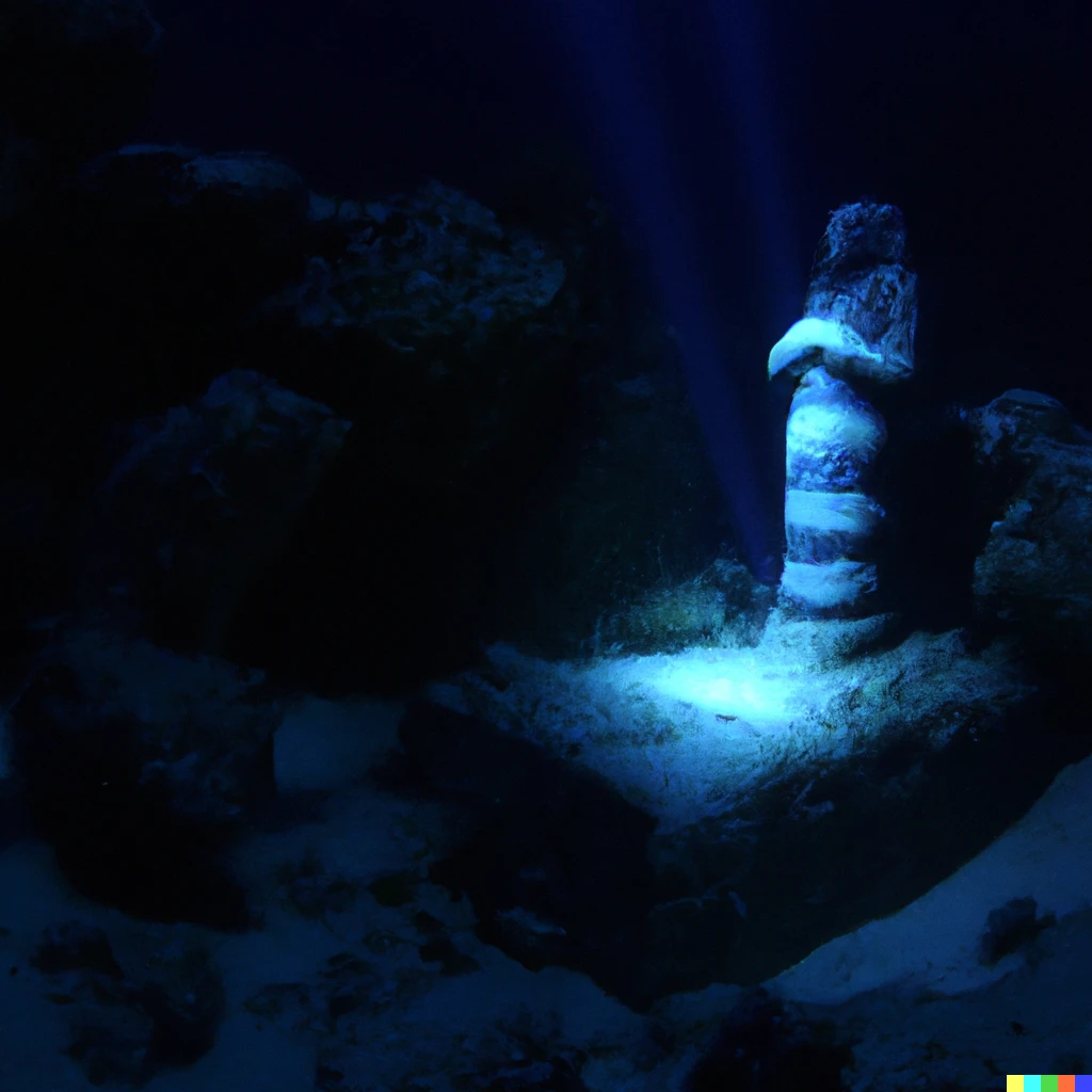Prompt: Deep sea underwater photos of an Egyptian city with a fallen Egyptian statue of a person being illuminated by a flashlight