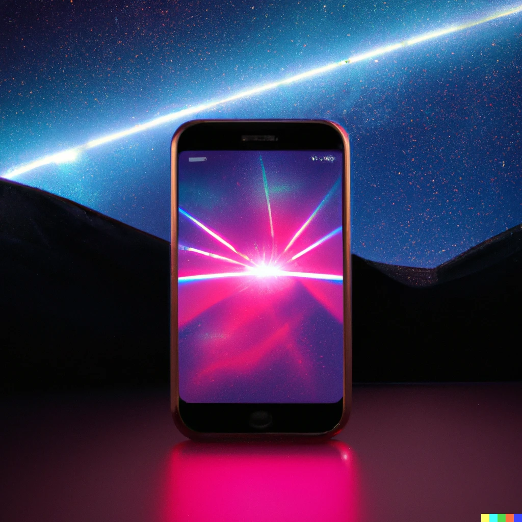 Prompt: 1980s promotional photo of a modern smartphone, in front of a neon synthwave landscape and starfield
