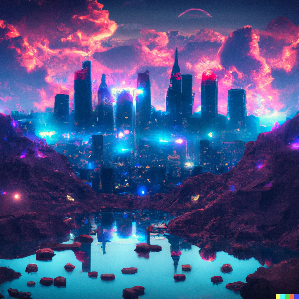 Prompt: a cinematic photo of a neon city on mars at night
