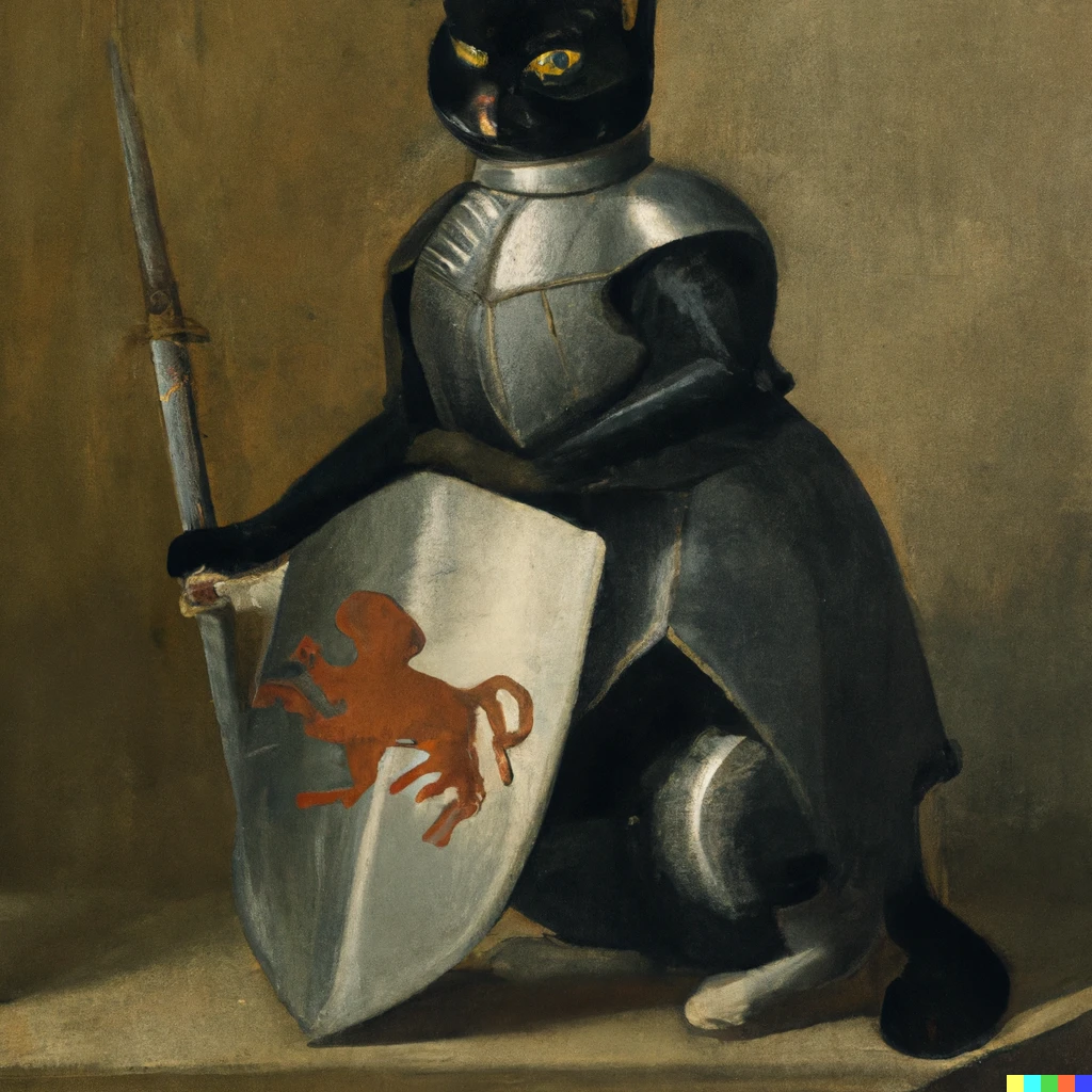 Prompt: a 19th century painting of a cat wearing knight's armor and bearing across