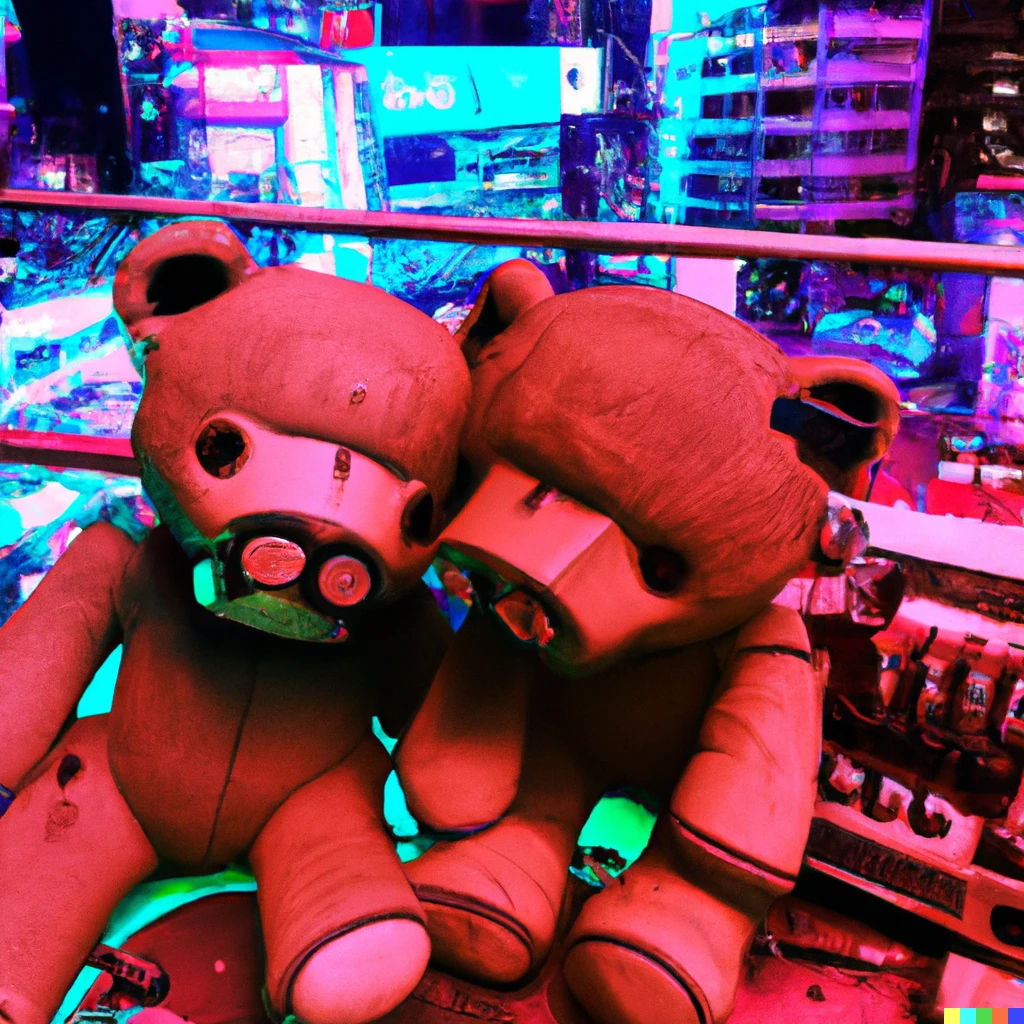 Prompt: Cyberpunk-style teddy bears and Shinjuku Kabukicho
