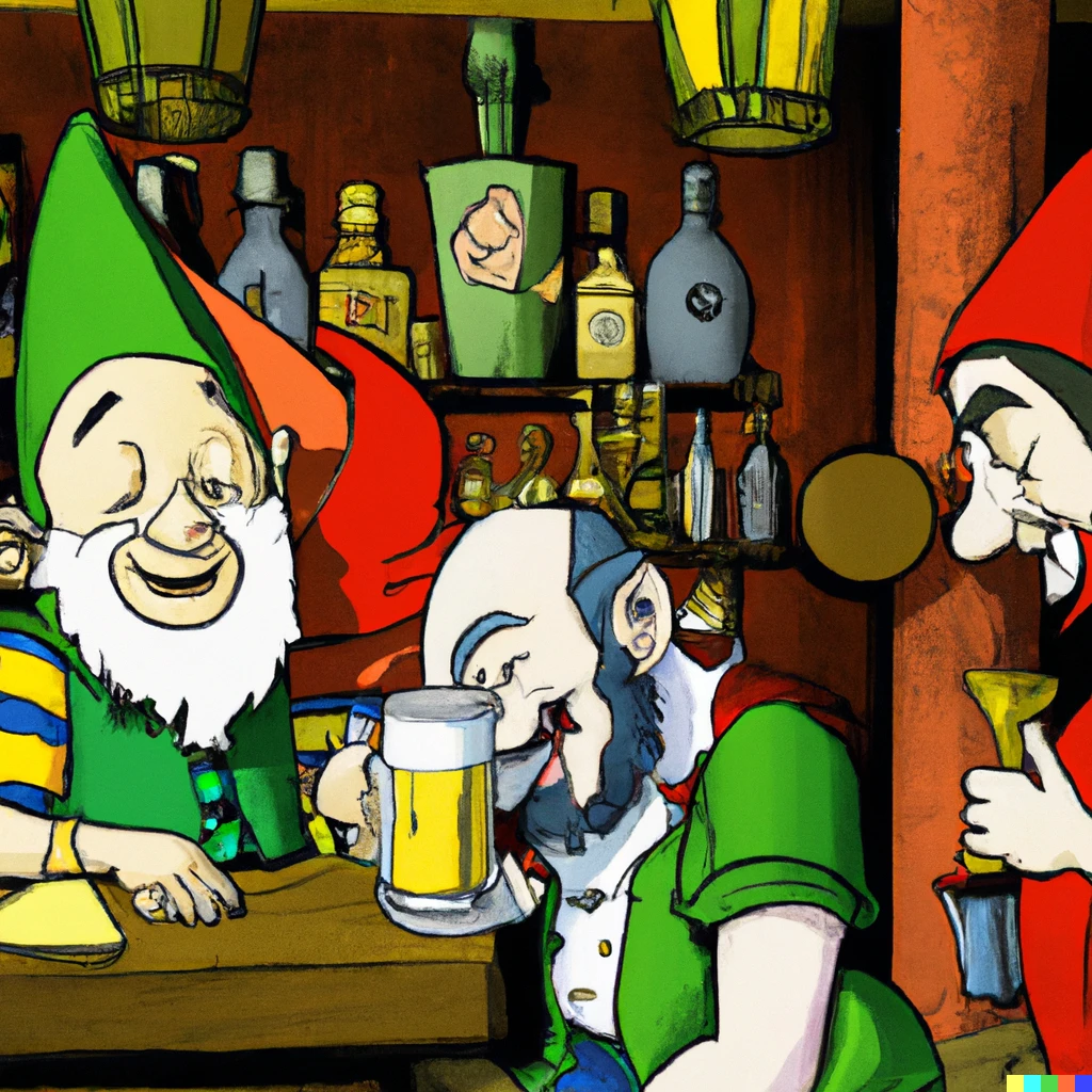 Prompt: Comic book style elves and dwarves drinking in a bar