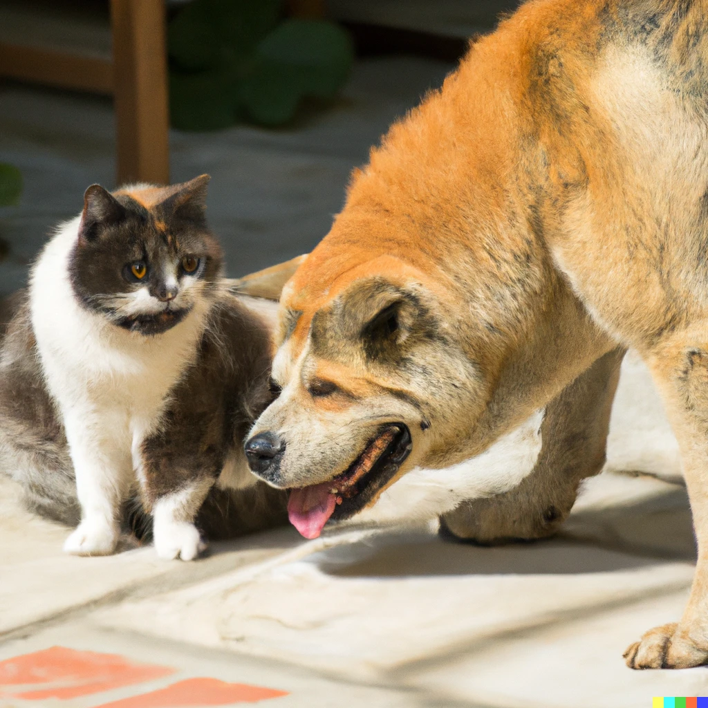 Prompt: Image of a smiling Akita dog and a tortoiseshell cat playing together.