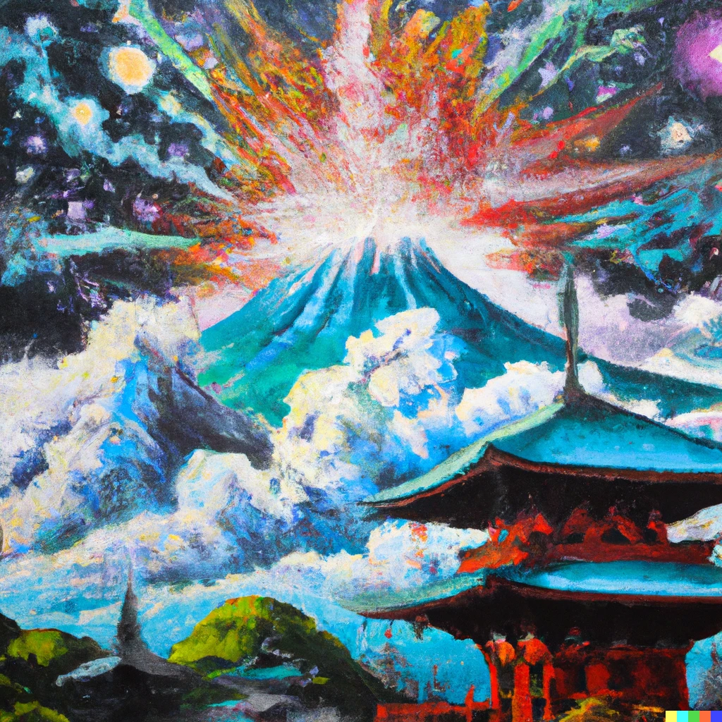 Prompt: Japanese Temples and Cosmic Explosions in Oil Painting