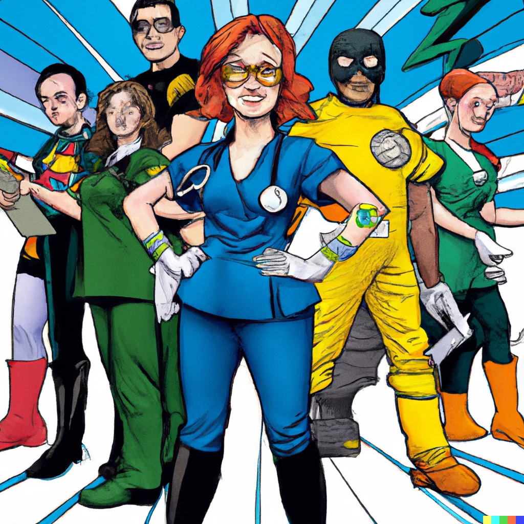 Prompt: The NHS staff as super heros of a marvel comic book cover