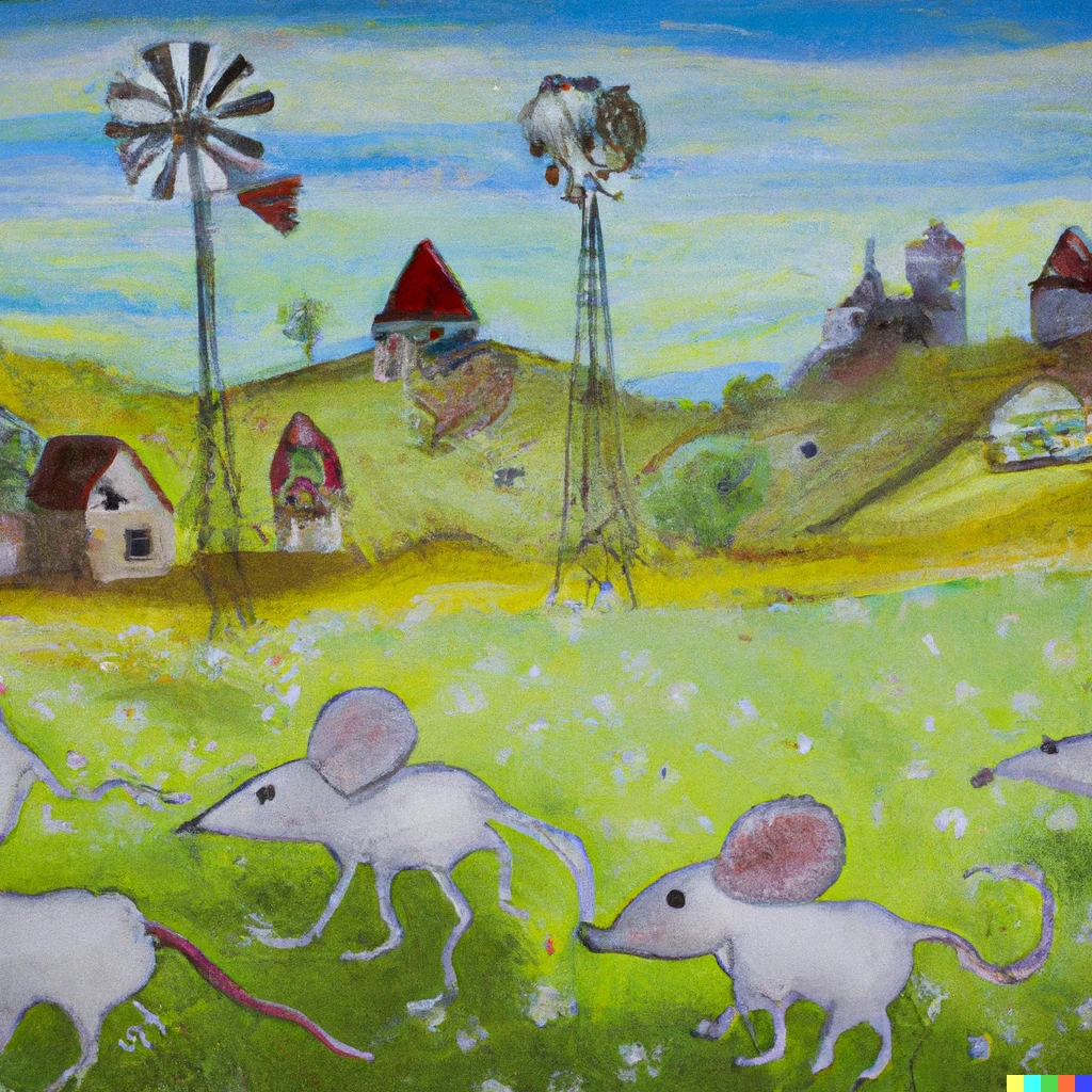 Prompt: Painting of a village of mice, with wind turbines that are dandelions in the background