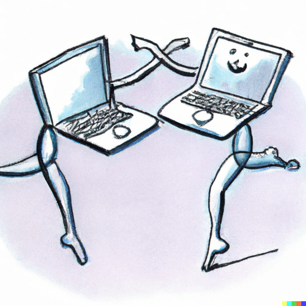 Prompt: two computers dancing ballet, a cord connecting them, cartoon