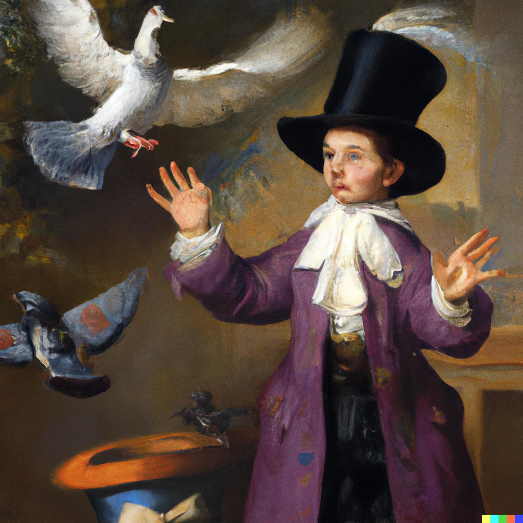 Prompt: The Magician who was fooled by his own magic trick, looking surprised at his purple hat as a dove flies off from the hat, Pieter Rubens, oil on canvas
