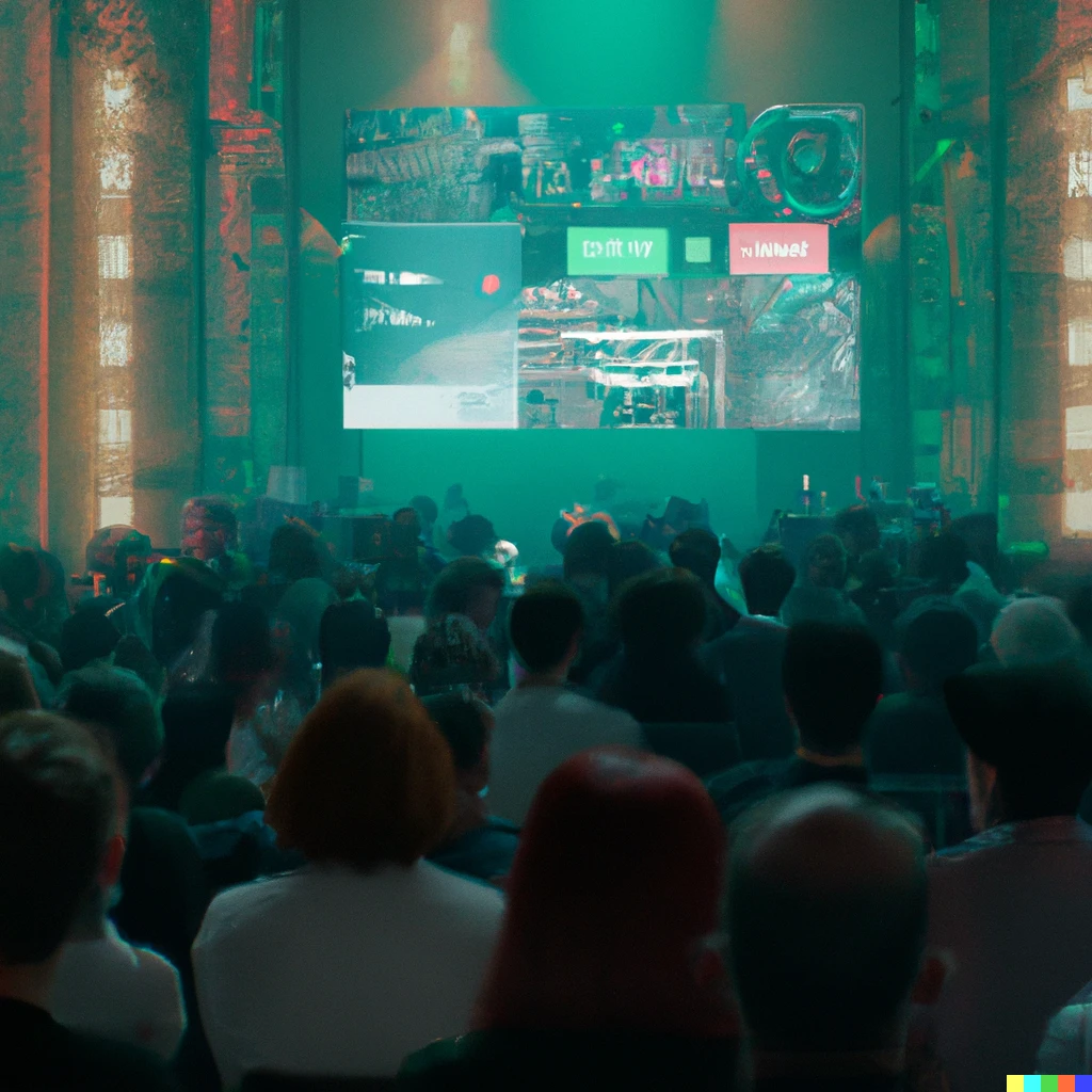 Prompt: International audience at a tech conference watching a screen. Location: Tobacco Dock, London. Cyberpunk computer render in Unity