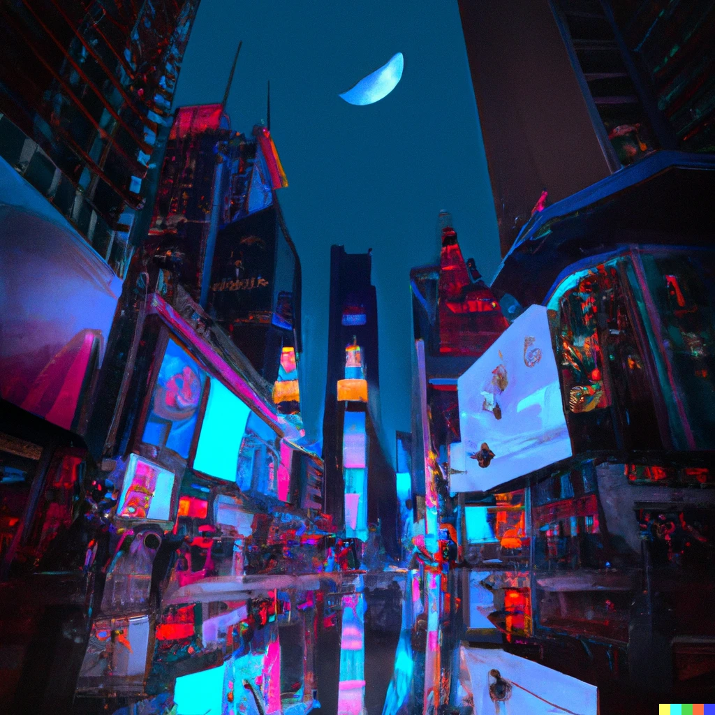 Prompt: Times Square NYC filled with water, reflecting the skyline and moon at night, cyberpunk, digital art