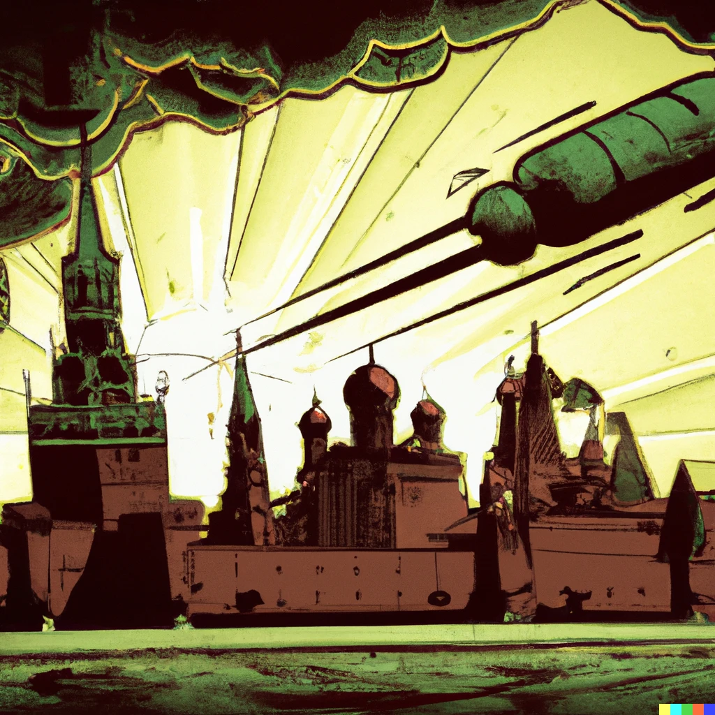 Prompt: Nuclear bomb destroying kremlin in retro future style