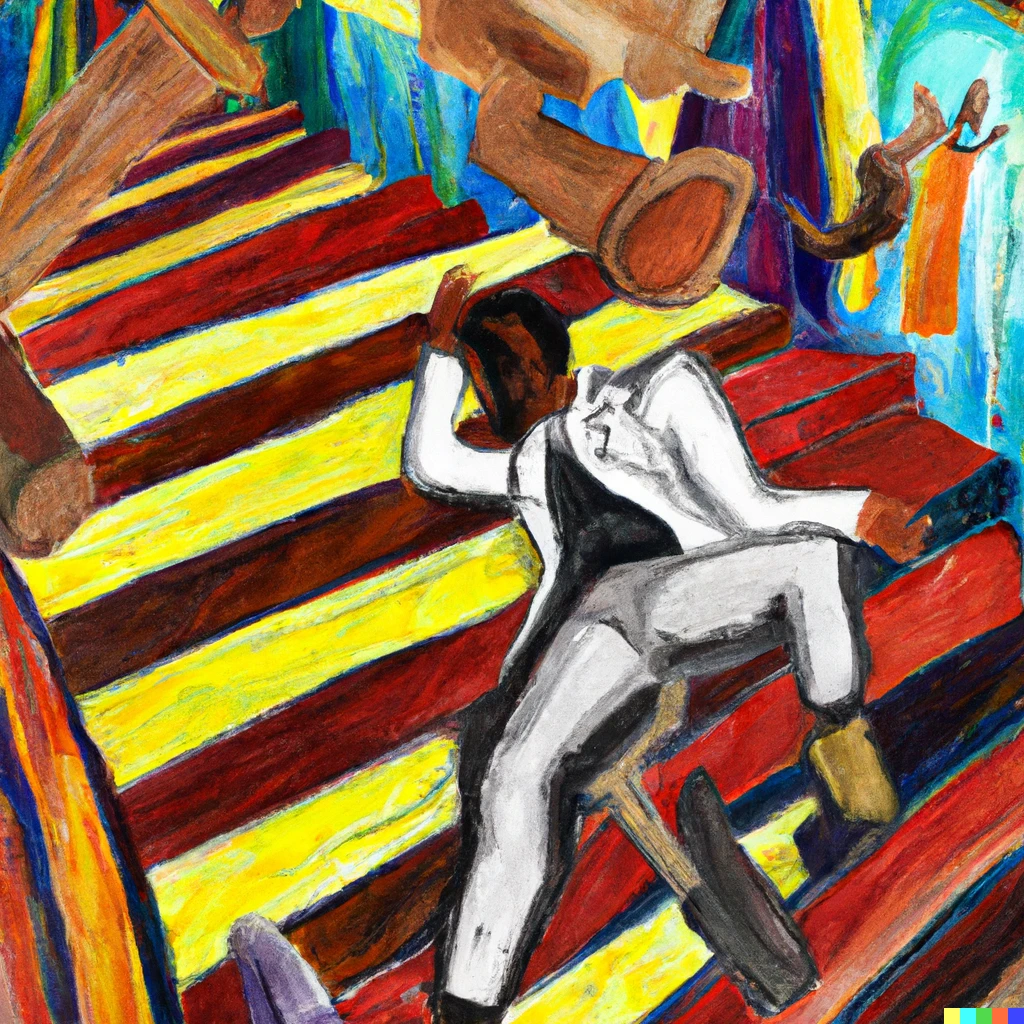 Prompt: jason derulo has fallen down the stairs at the met gala, expressionist painting