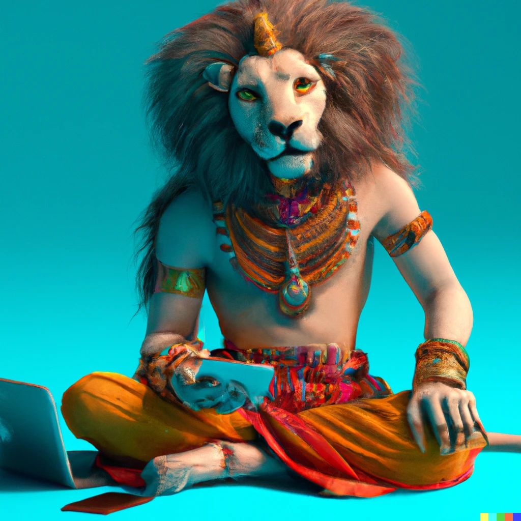 Prompt: Realistic and futuristic photo of humanoid lion alien wearing Indian dress using phones, laptop and  3D rendering digital art, Unreal Engine 3D shading shadow depth
