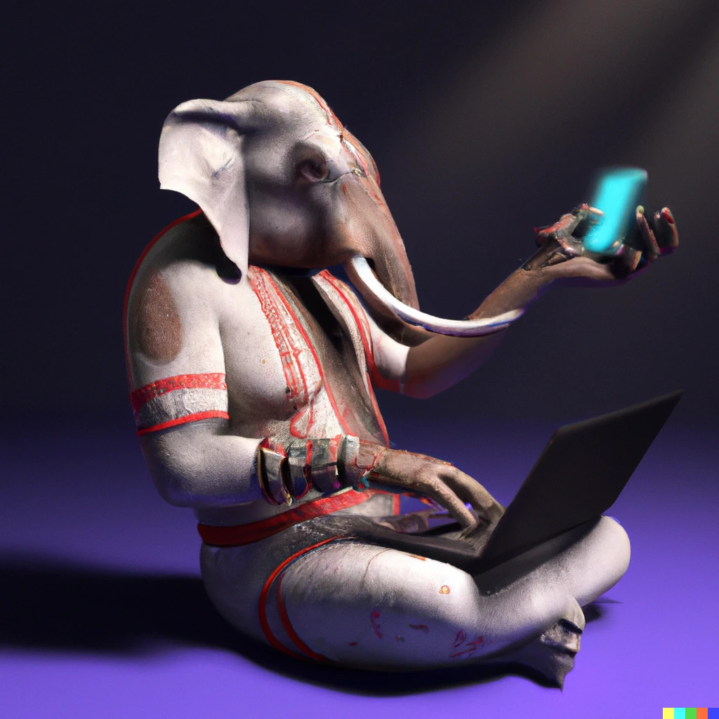 Prompt: Realistic and futuristic photo of humanoid elephant alien wearing Indian dress using phones, laptop and VR 3D rendering digital art, Unreal Engine 3D shading shadow depth