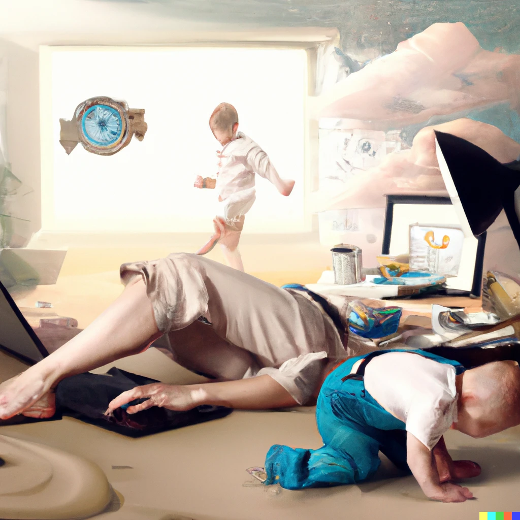 Prompt: working parent on a computer with a toddler crawling on ground in background, in the style of salvador dali