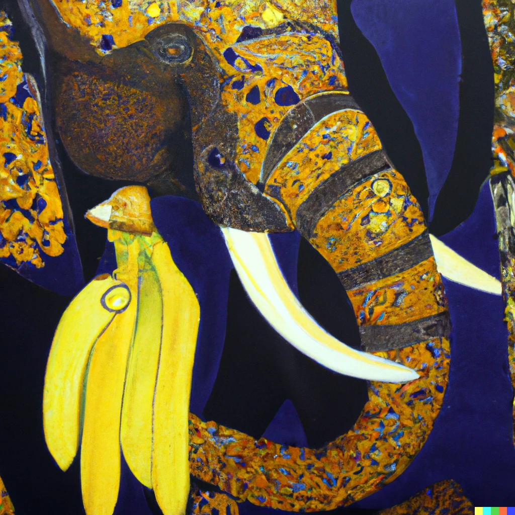 Prompt: A painting of an elephant eating a banana in the style of Gustav Klimt