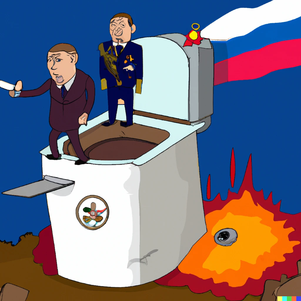 Prompt: Burning bunker destroyed by drone with burning russian flag and russian president climbs out of the bunker, president sitting on the toilet and having conversation with press secretary