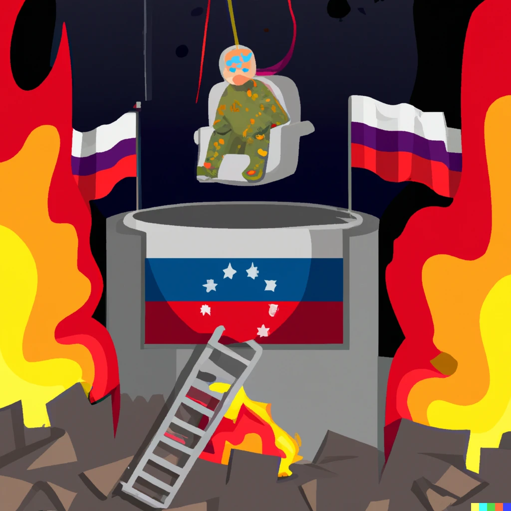 Prompt: Burning bunker destroyed by drone with burning russian flag and mind controlled man climbs out of the bunker, president sitting on one toilet with machine gun