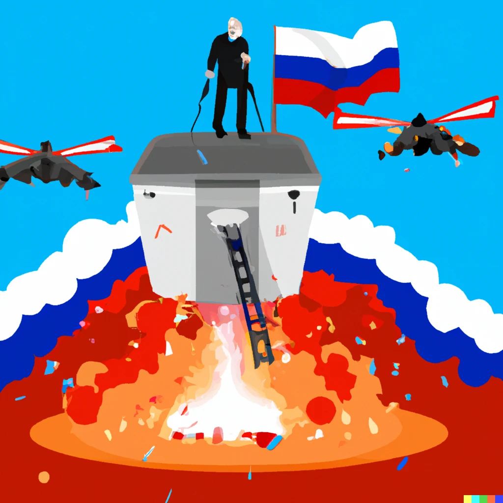 Prompt: Burning bunker with burning russian flag and russian president climbs out of the bunker, president standing in front of the toilet under the flying drone