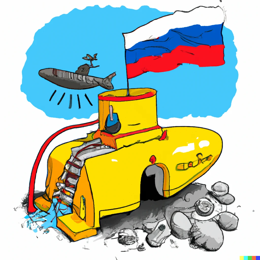 Prompt: Burning bunker with russian flag and russian president climbs out of the bunker, sitting on the toilet under the flying yellow submarine 